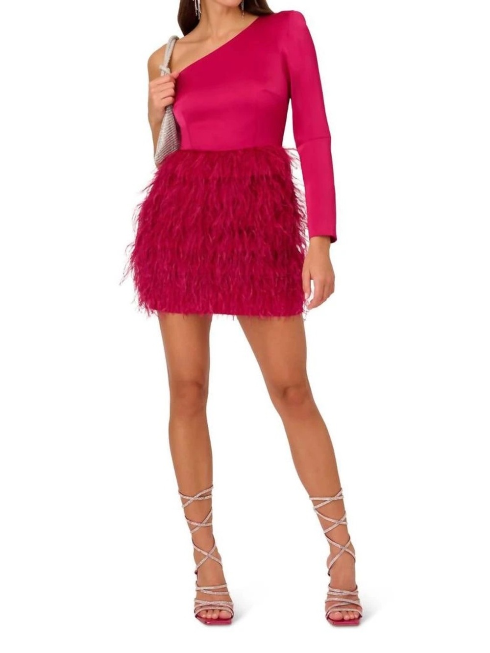 LIV FOSTER Satin One Shoulder Feather Mini Dress in Dark Magenta
